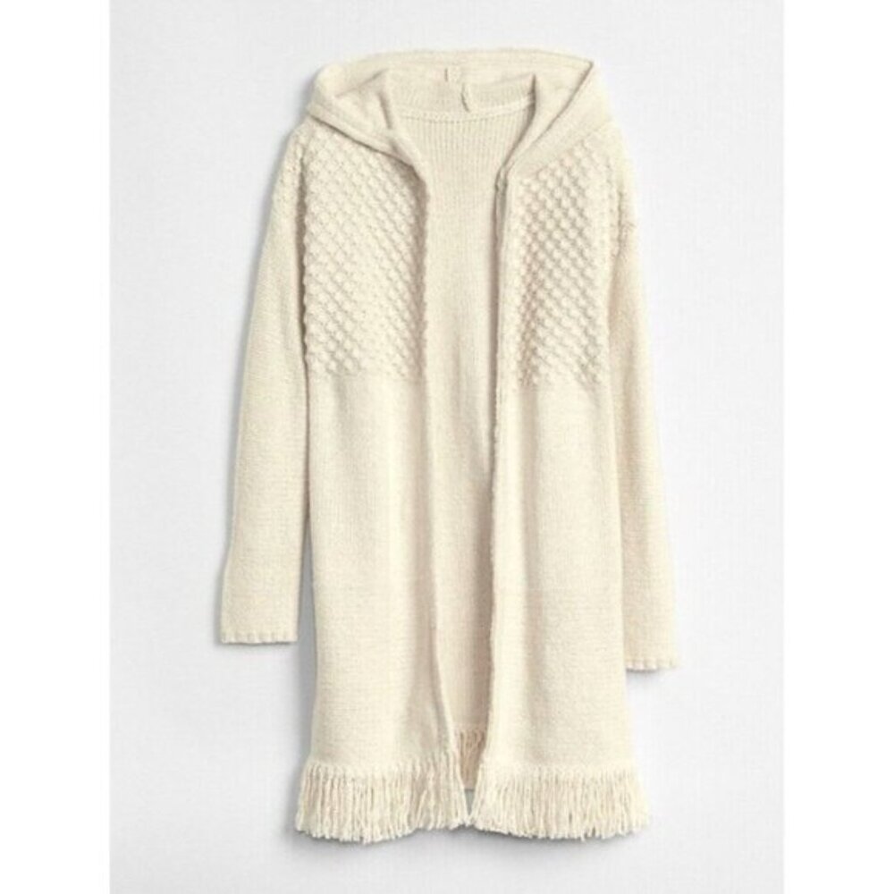 GAP Womens Longline Fringe Hooded Cardigan Sweater Open Ivory Knit Sz M